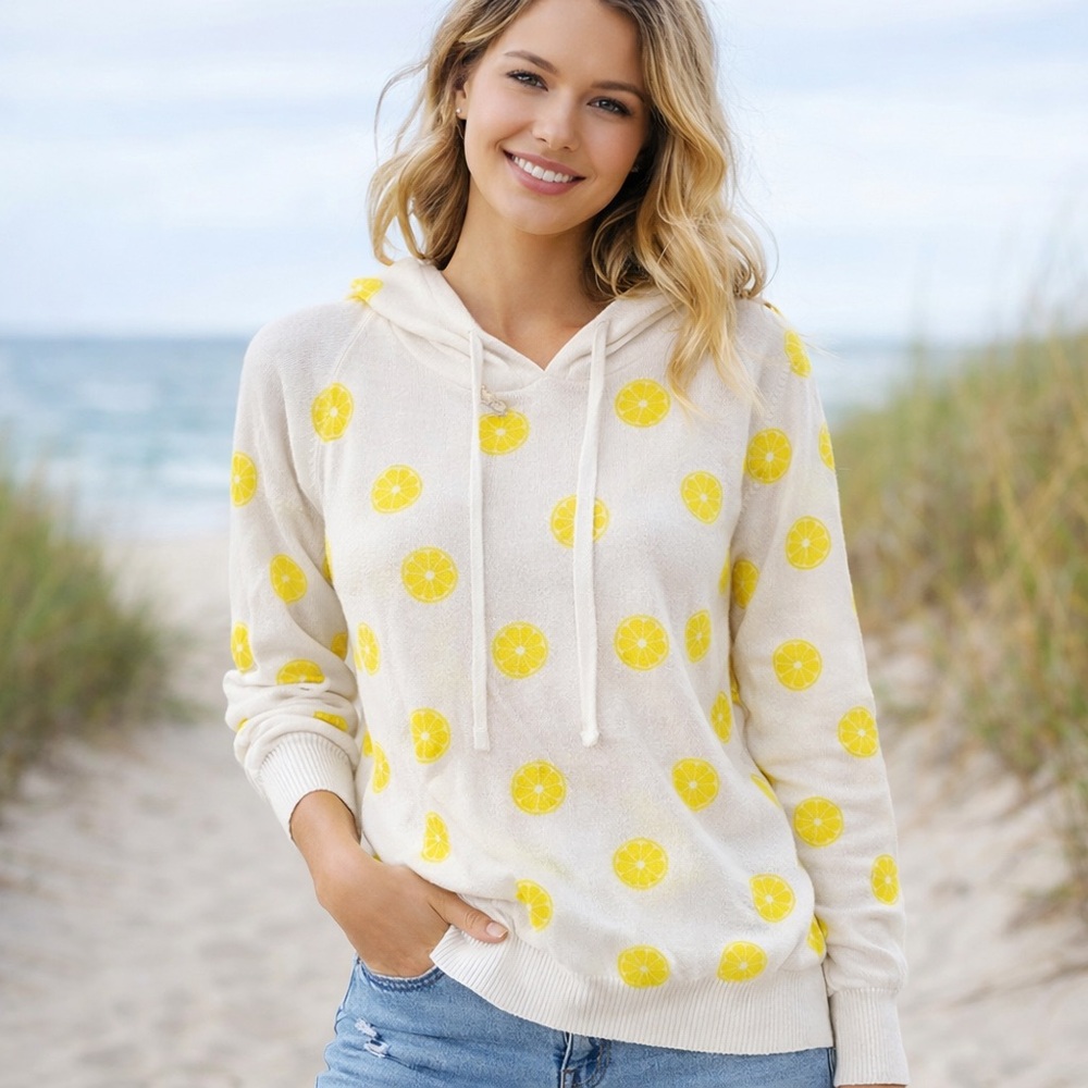 Eight 18 Lemon Print Hoodie Sweater XL White Yellow Pullover